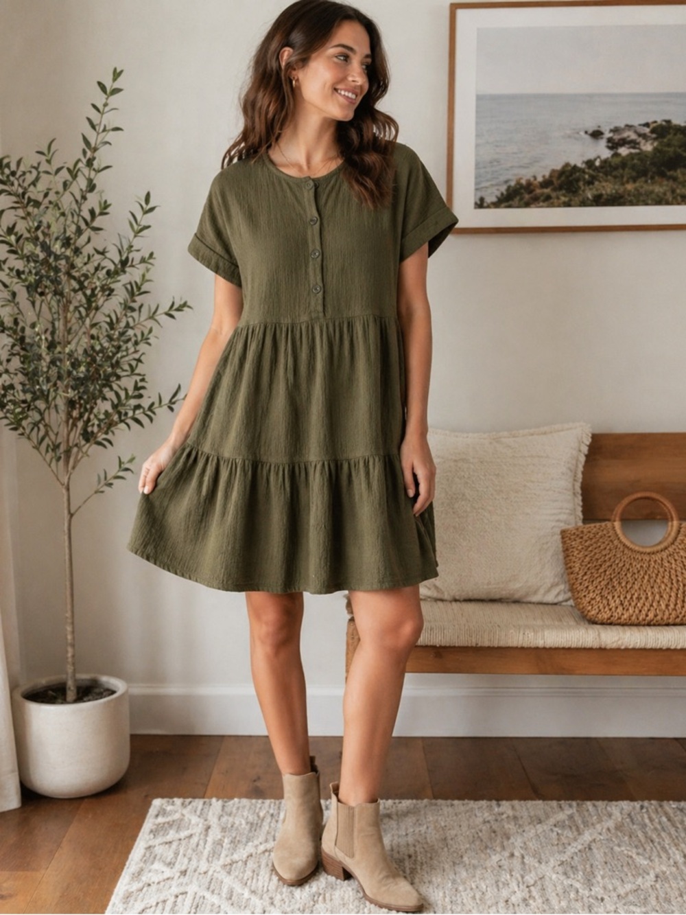 Madewell Olive Green Short Sleeve Tiered  Dress